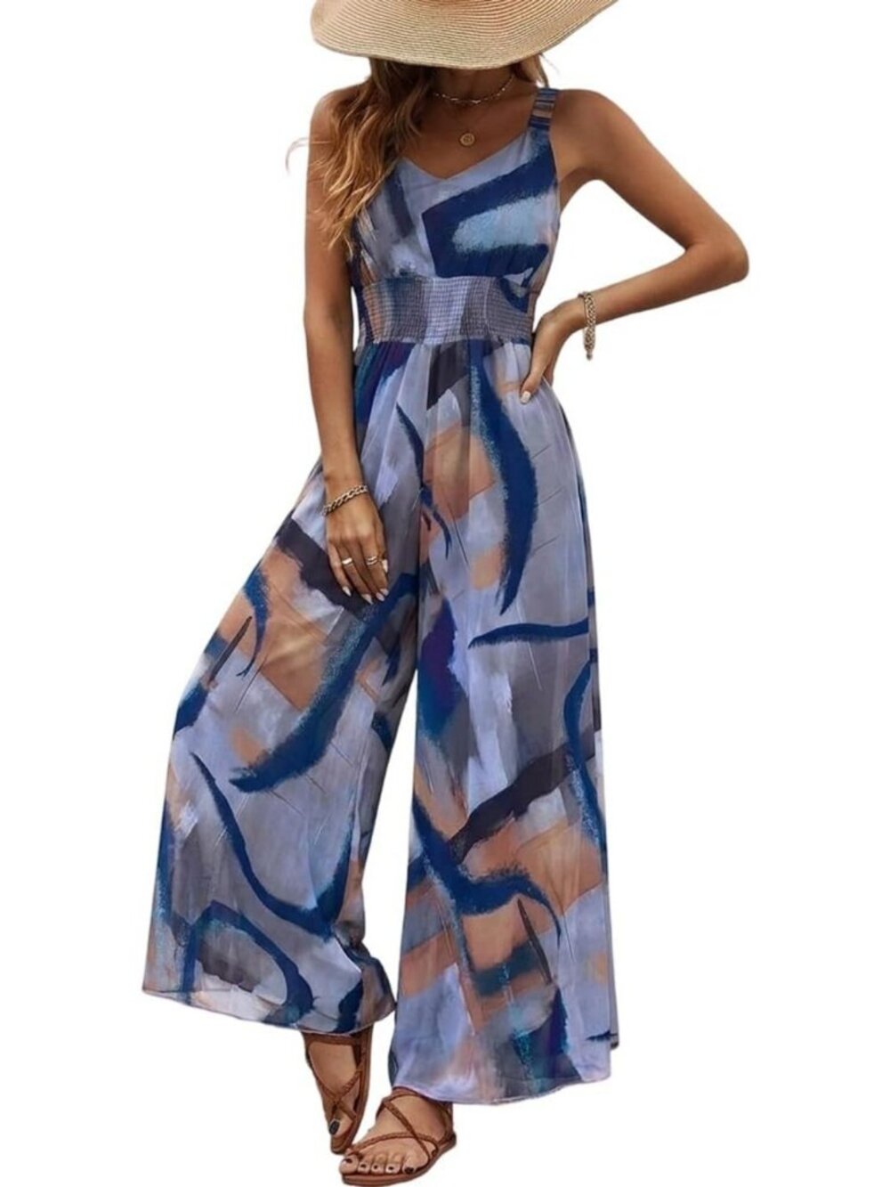 Stylish Abstract Print V Neck Jumpsuit | Trendy Beach Vacation Romper for Women